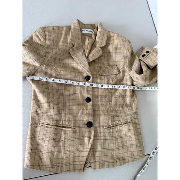 Women’s Vintage 90s Tan Windowpane Holiday Plaid Wool Blazer Suit Jacket Medium - Picture 4 of 6